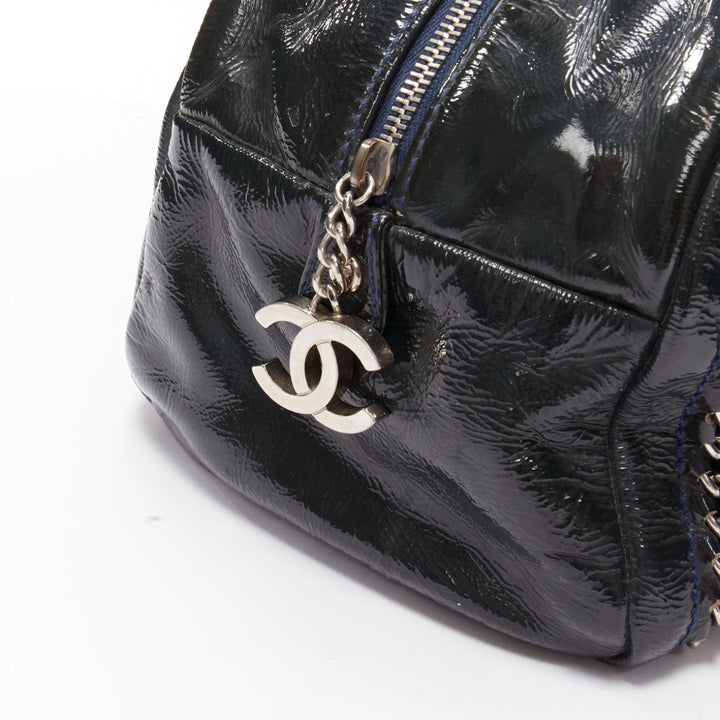 CHANEL Ligne Bowler black patent leather CC woven chain satchel bag