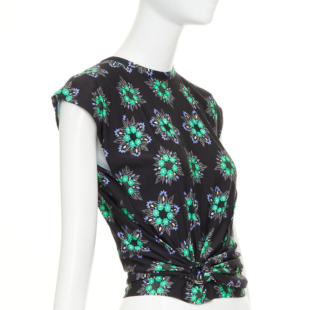PACO RABANNE Geometric Floral asymmetric ring drape cap sleeve top FR34 XS