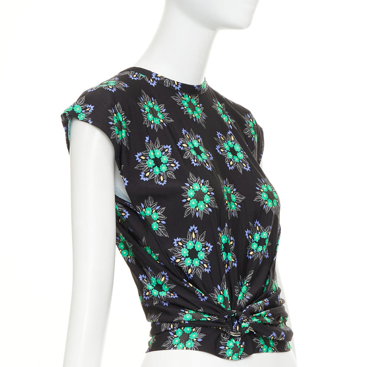 PACO RABANNE Geometric Floral asymmetric ring drape cap sleeve top FR34 XS