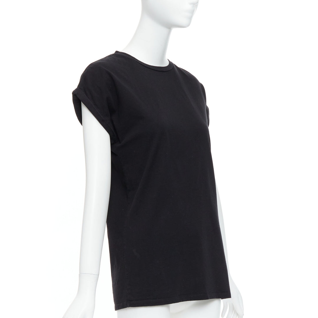 BALMAIN black cotton rolled cuff cap sleeve minimal tshirt FR34 XS