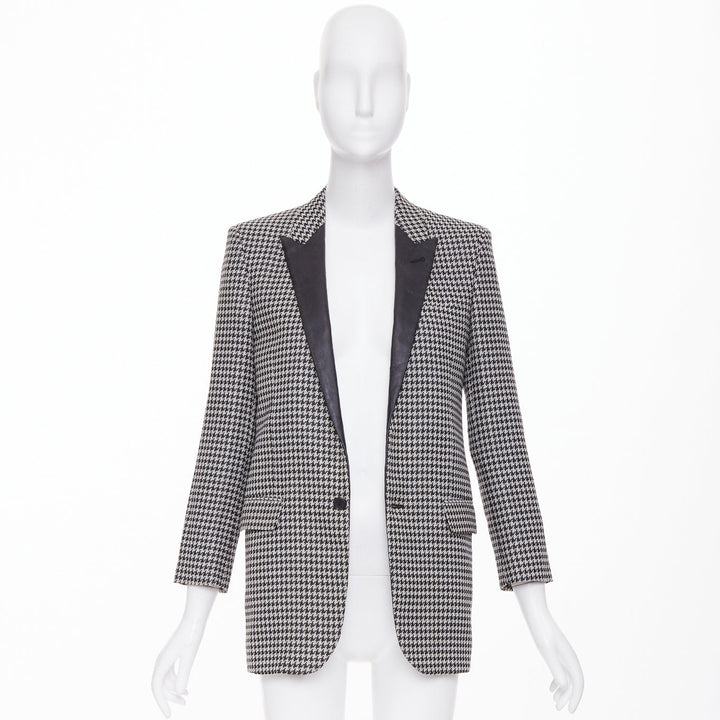 SAINT LAURENT 2013 leather peak lapel grey black houndstooth blazer FR34 XS