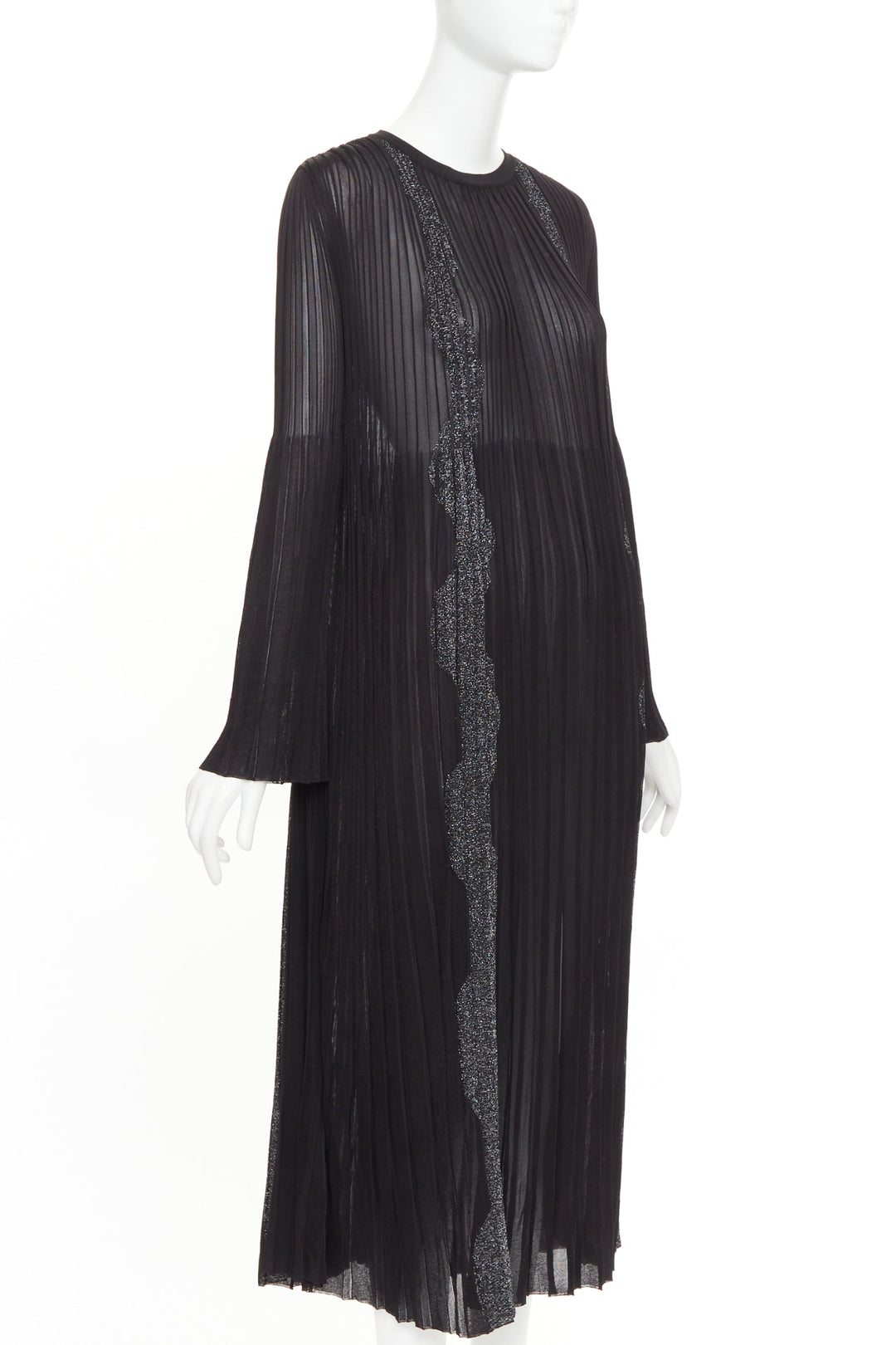CHANEL black silver glitter CC resin button plisse sheer wave midi dress FR38 M