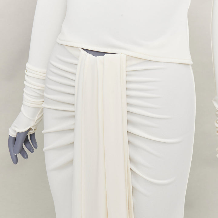 HELSA 2023 ivory matte jersey boatneck backless top draped wrap skirt set XS