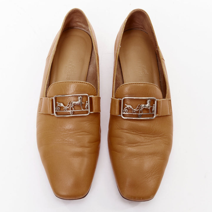 HERMES Time tan brown smooth leather horse carriage buckle flat loafers EU35
