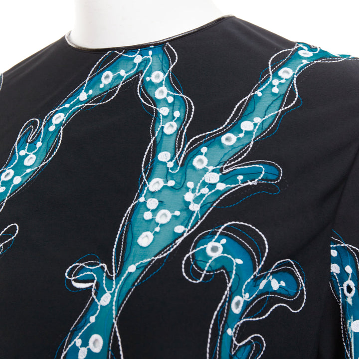 LOUIS VUITTON 2015 Runway black blue embroidered anglais scallop hem top FR38 M