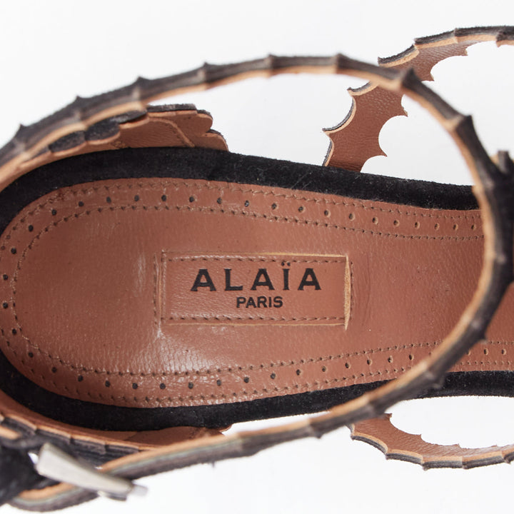 ALAIA black laser cut scalloped suede T bar high heel sandals EU35.5