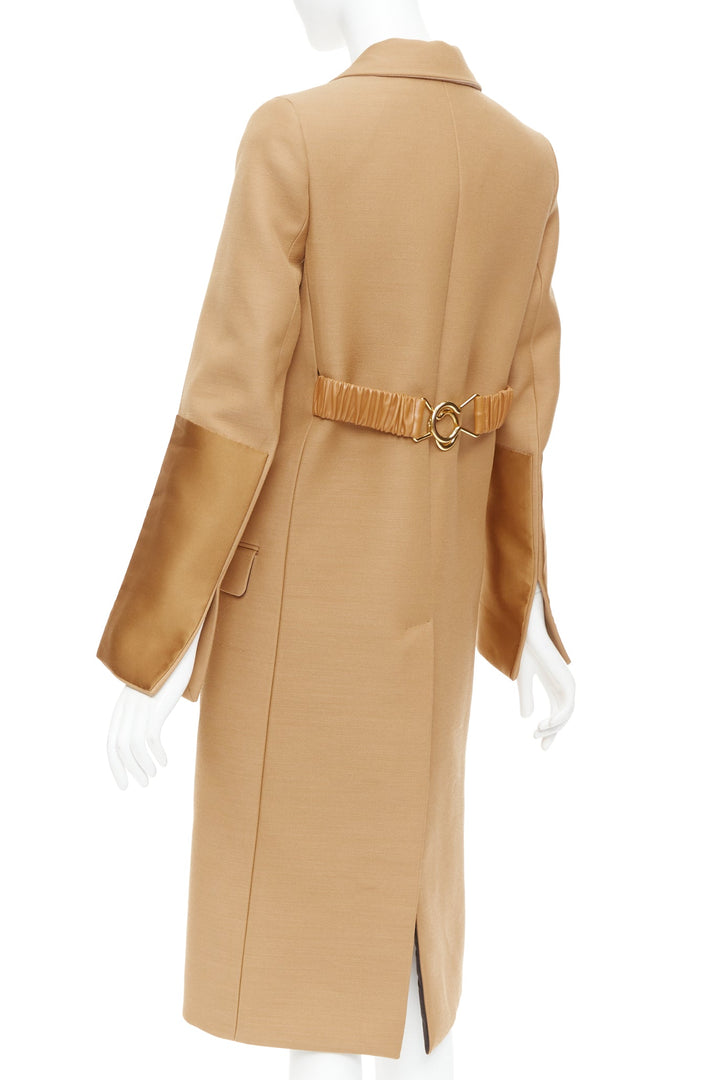 BOTTEGA VENETA 2019 Runway camel brown satin trim leather belted  coat IT38 XS