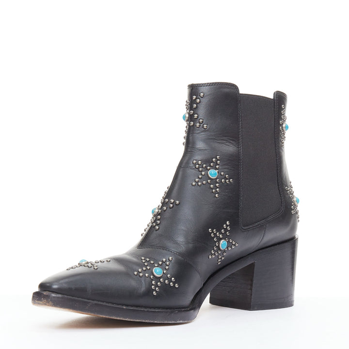 VALENTINO black leather turquoise blue stone star studded ankle boots EU40