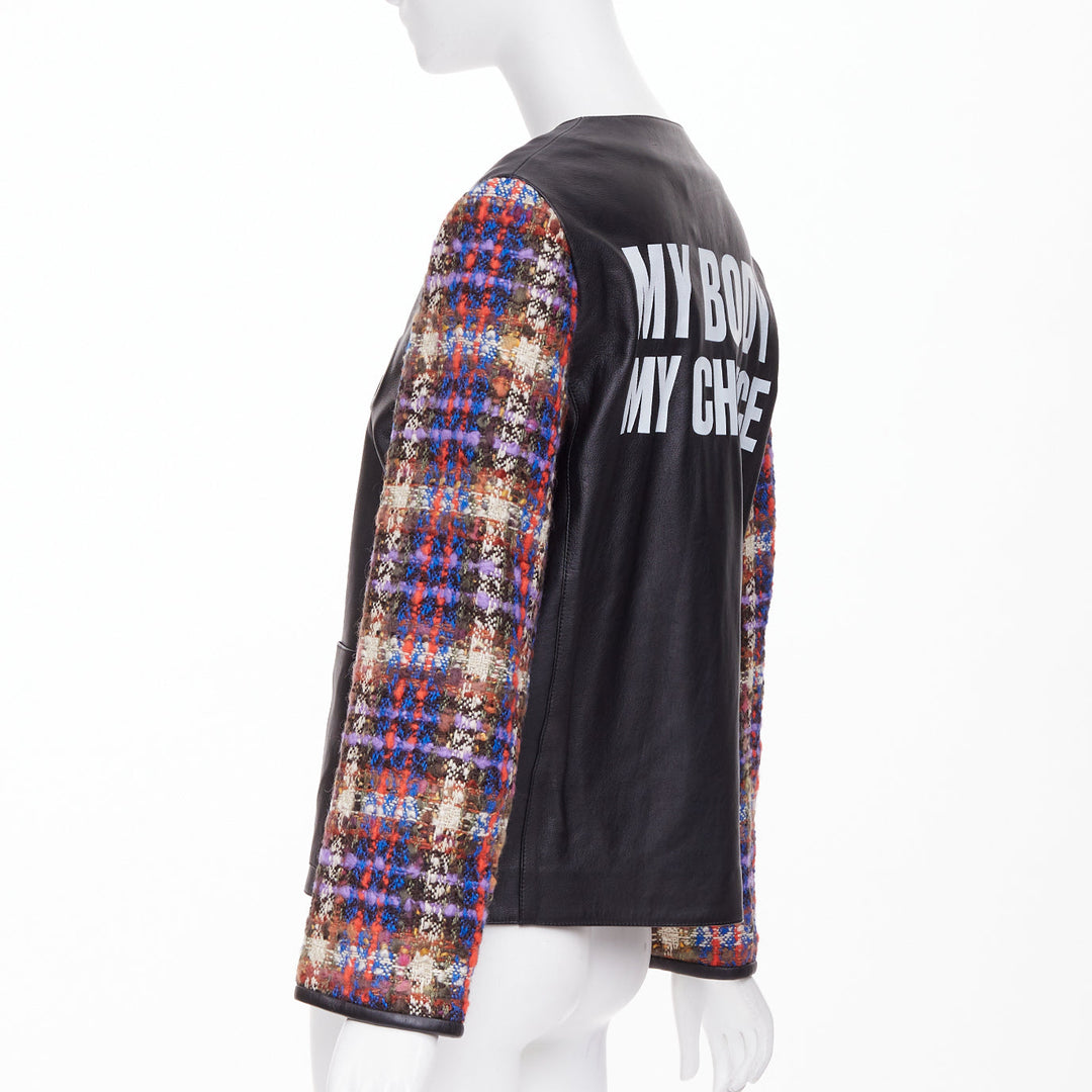 GUCCI 2019 Interlocking G Patch lambskin multi plaid tweed sleeve jacket IT38 S