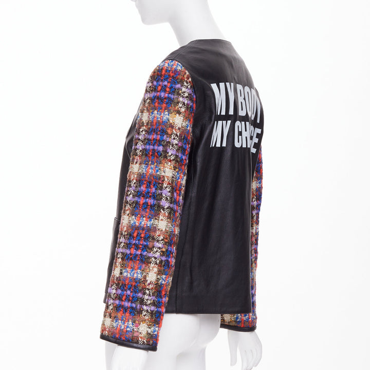 GUCCI 2019 Interlocking G Patch lambskin multi plaid tweed sleeve jacket IT38 S