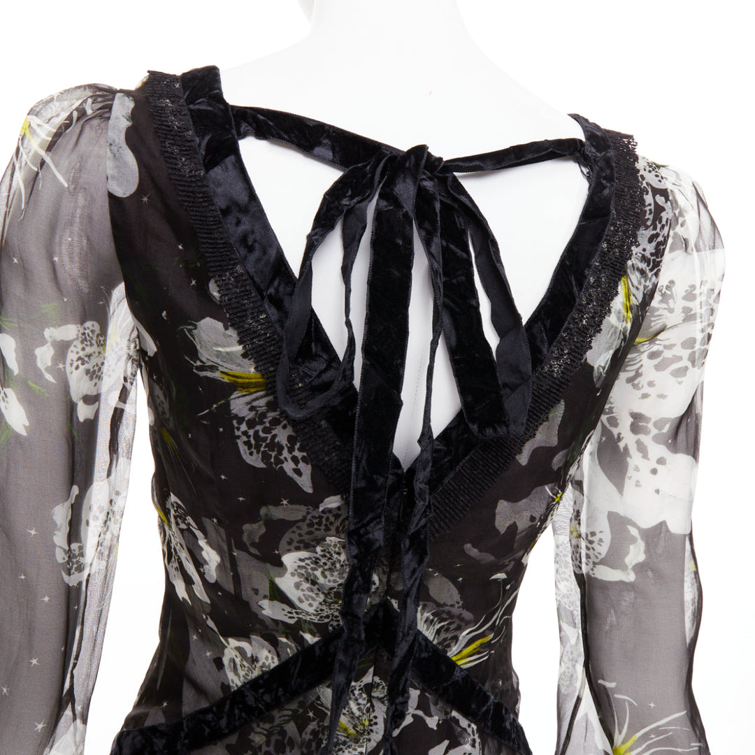 ERDEM 2016 Makayla black grey 100% silk floral back cut out  dress UK6 XS