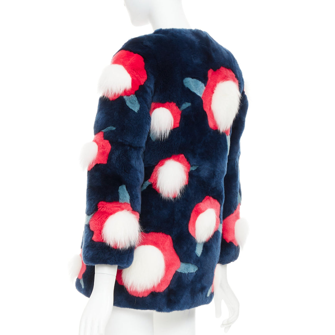 YVES SALOMON KIDS navy rabbit mink floral patchwork coat Yr10 XS