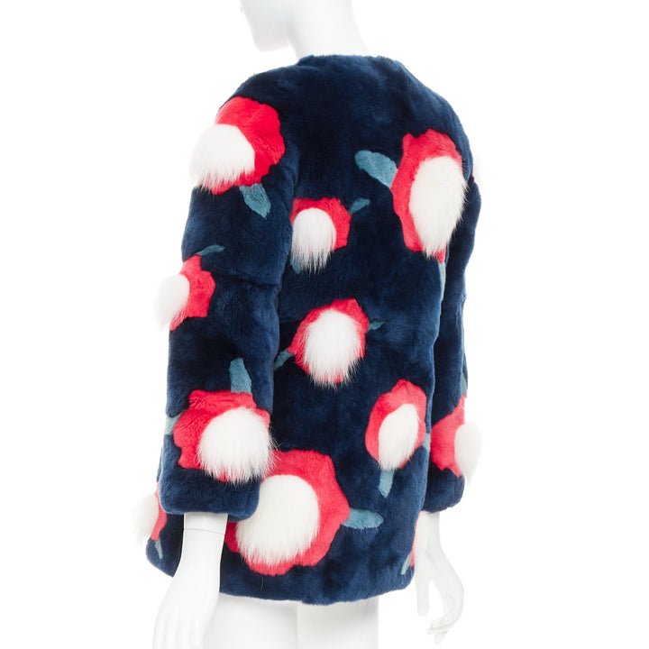 YVES SALOMON KIDS navy rabbit mink floral patchwork coat Yr10 XS