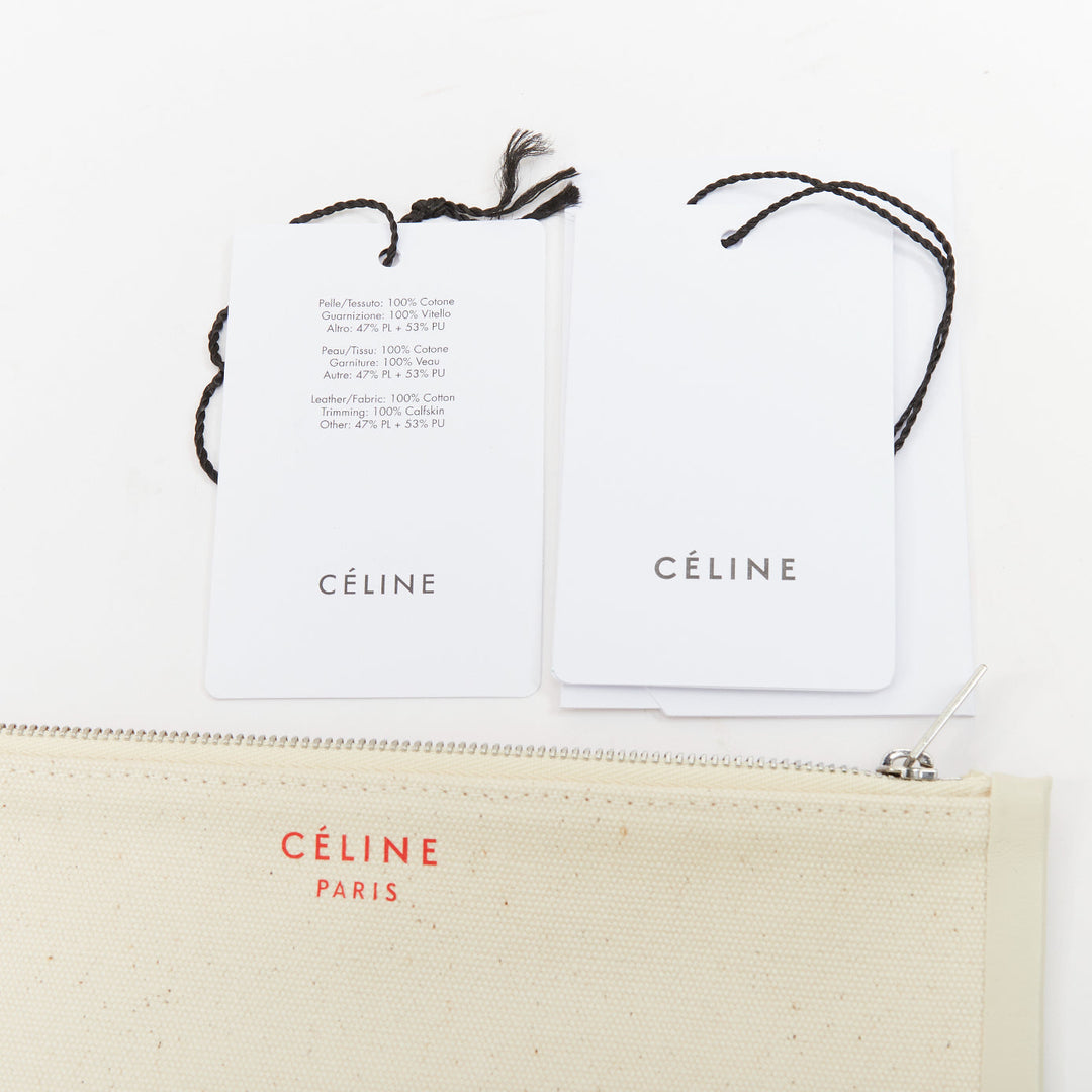 CELINE 2018 Made In white canvas cream leather trim small red logo open tote bag
