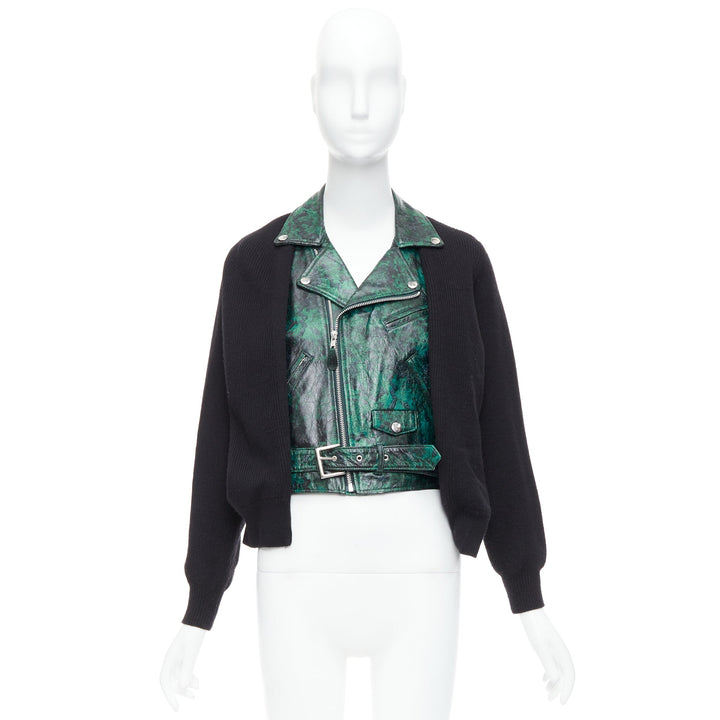 TOGA PULLA green printed lambskin black wool biker cardigan JP1 S