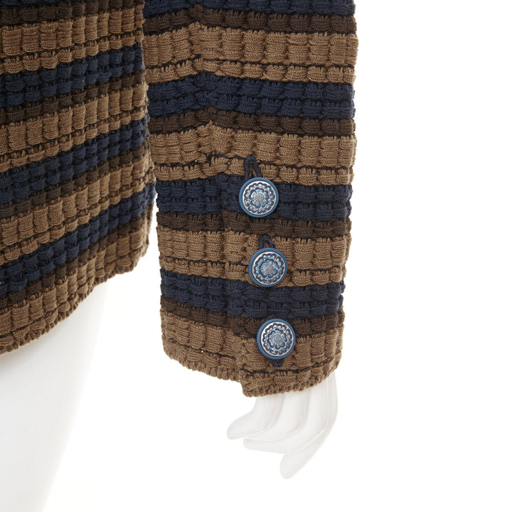CHANEL striped textured knit brown navy wool cotton jacket FR36 S