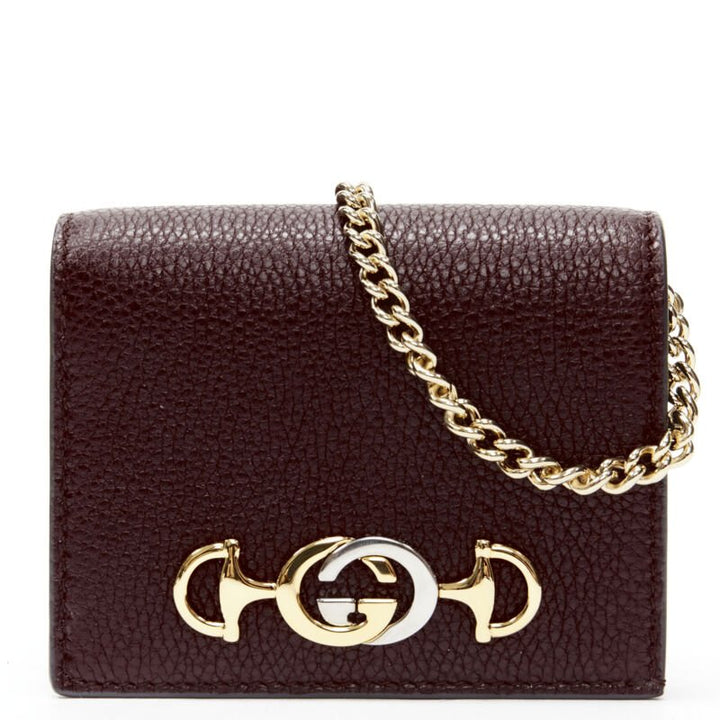 GUCCI 570660 Zumi burgundy red GG Horsebit bi-fold wallet on chain mini bag
