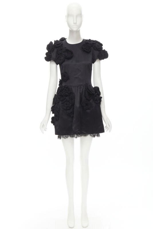 DOLCE GABBANA black 3D wool flower applique lace trimmed dress IT38 XS