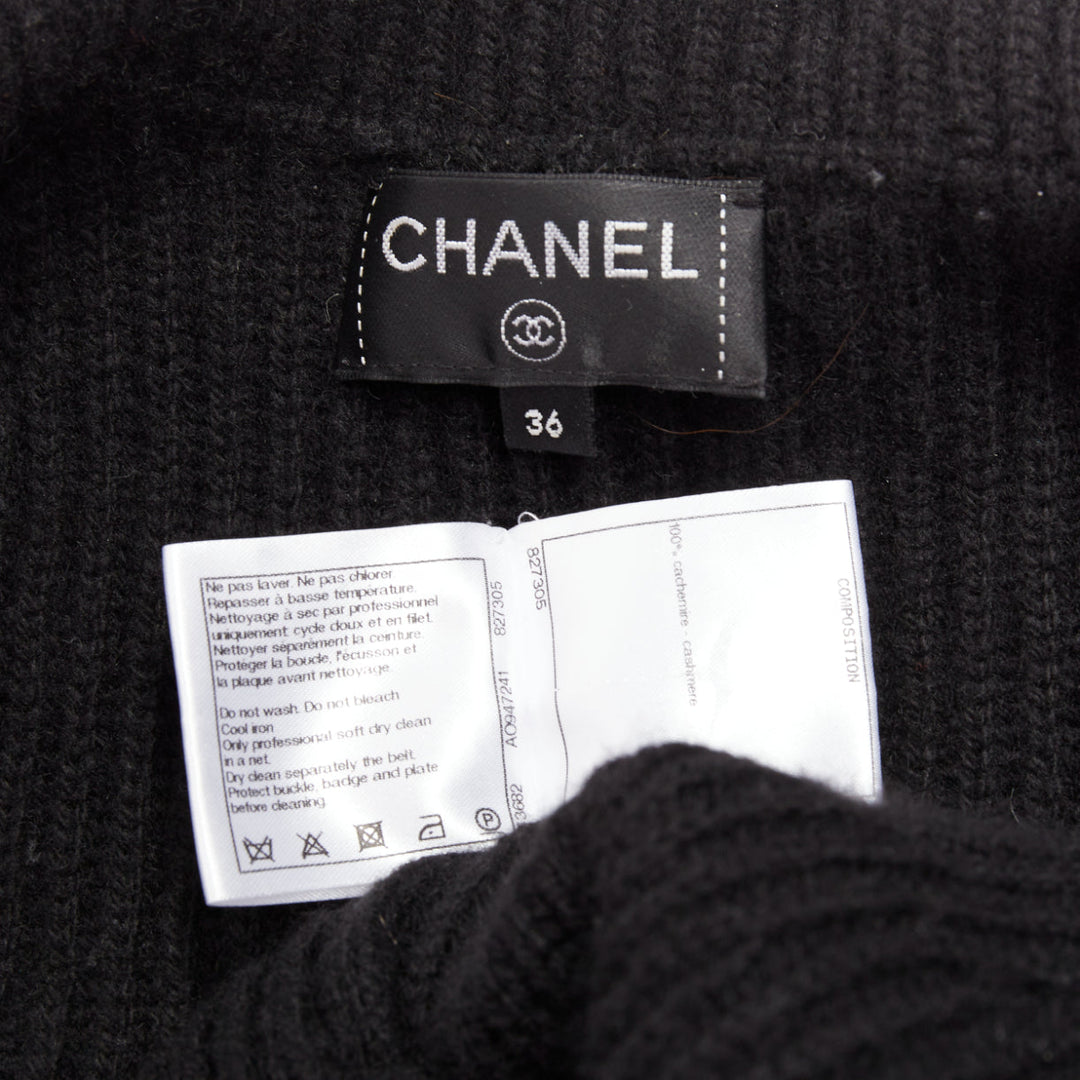 CHANEL 100% cashmere lack GABRIELLE COCO velvet cable collar cardigan FR36 S