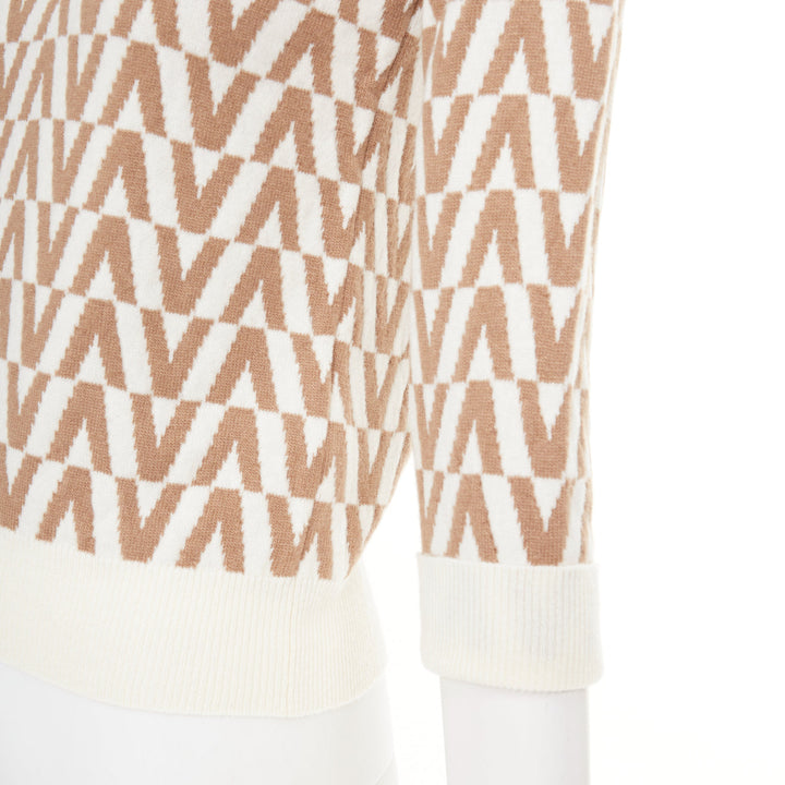 VALENTINO beige brown virgin wool cashmere V monogram knit pullover sweater S