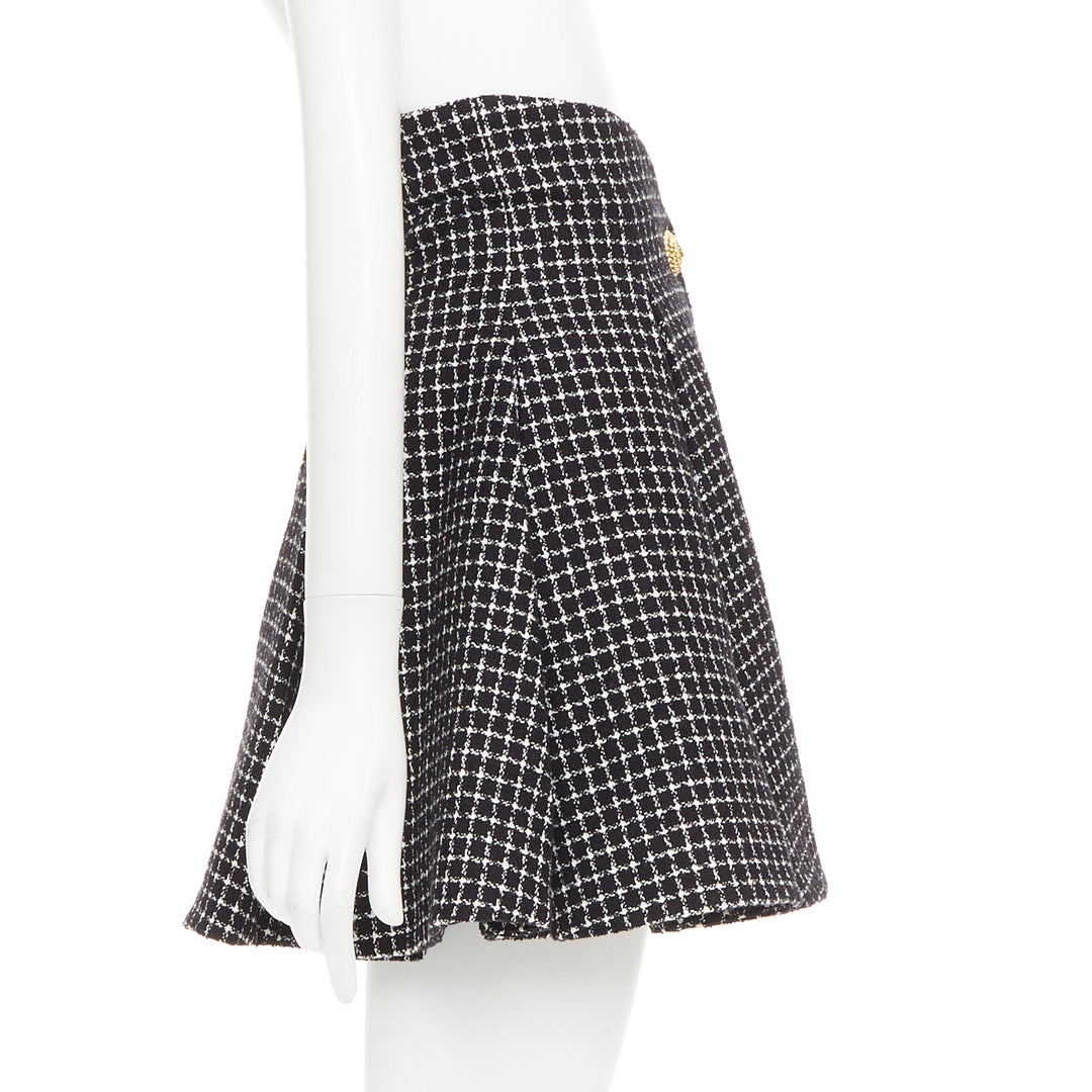 BALMAIN Tulip black white houndstooth cotton tweed flare skater skirt FR34 XS