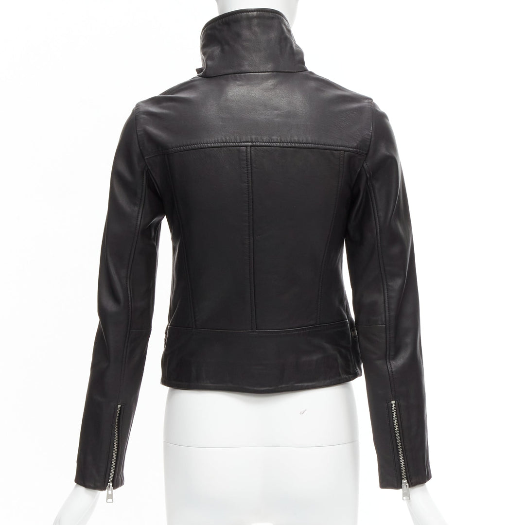 ALL SAINTS Bales black lamb leather buckles funnel collar biker jacket UK6 XS