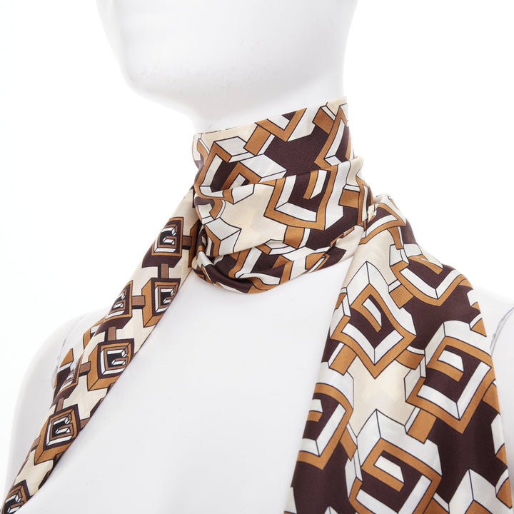 GUCCI 2018 brown geometric graphic block g monogram print silk wrap scarf