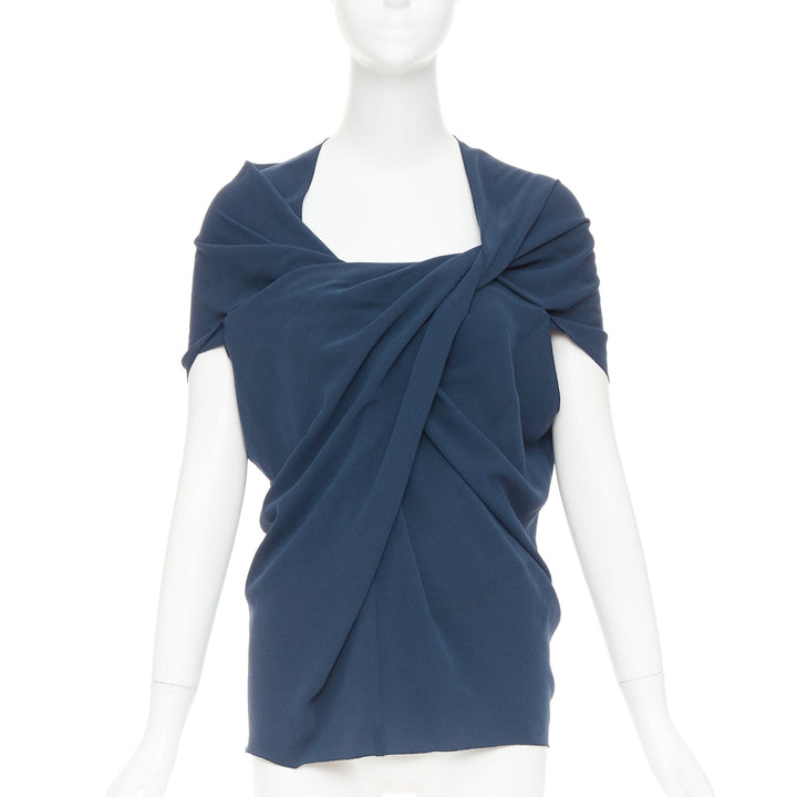LANVIN 2009 navy triacetate blend twist front square neck ruched top FR34 XS