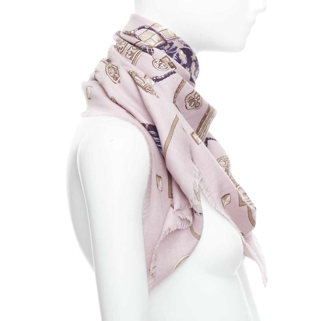 HERMES lilac cashmere silk keys tassels print fray edge scarf