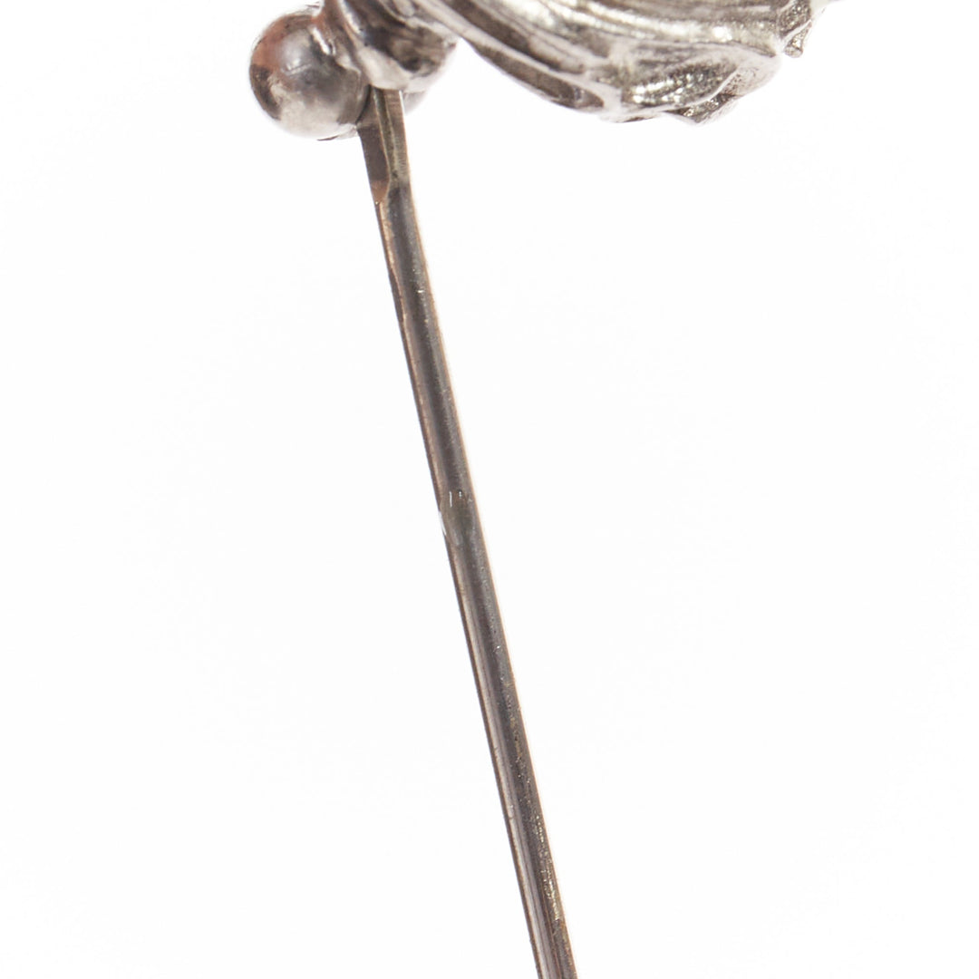 CHANEL Faux Marble Cabochon Leaf Medallion silver black CC floral pin brooch