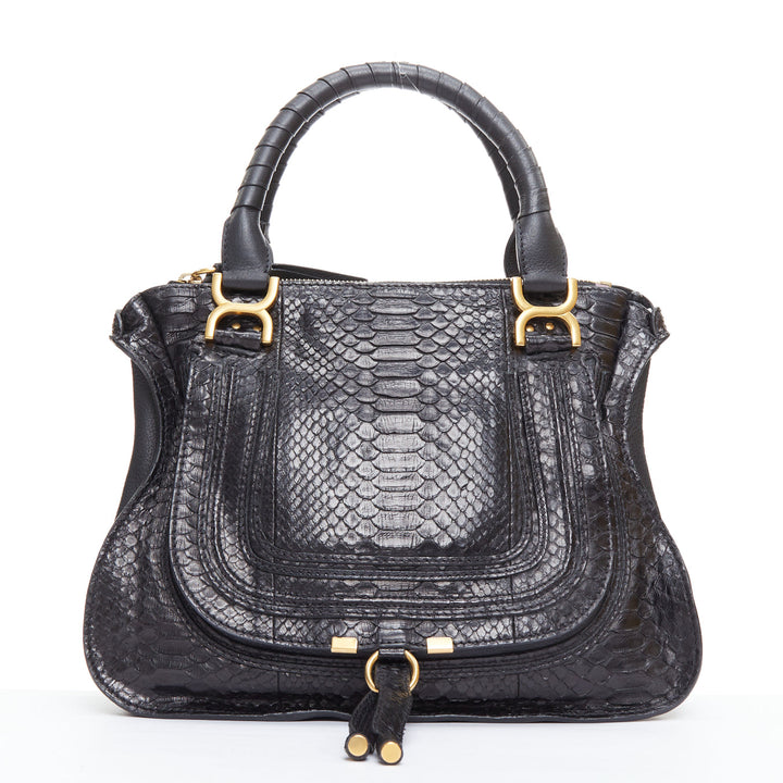 CHLOE Marcie black scaled leather gold hardware satchel bag