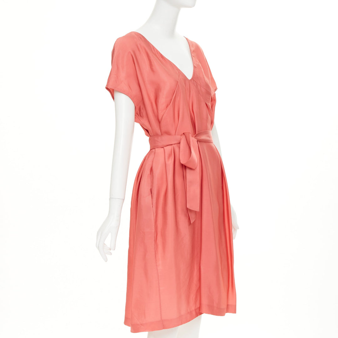 MARNI pink viscose blend draped v neck belted short sleeve mini dress IT44 L