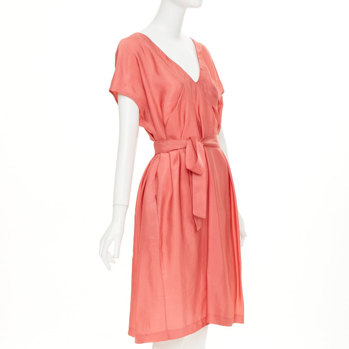 MARNI pink viscose blend draped v neck belted short sleeve mini dress IT44 L