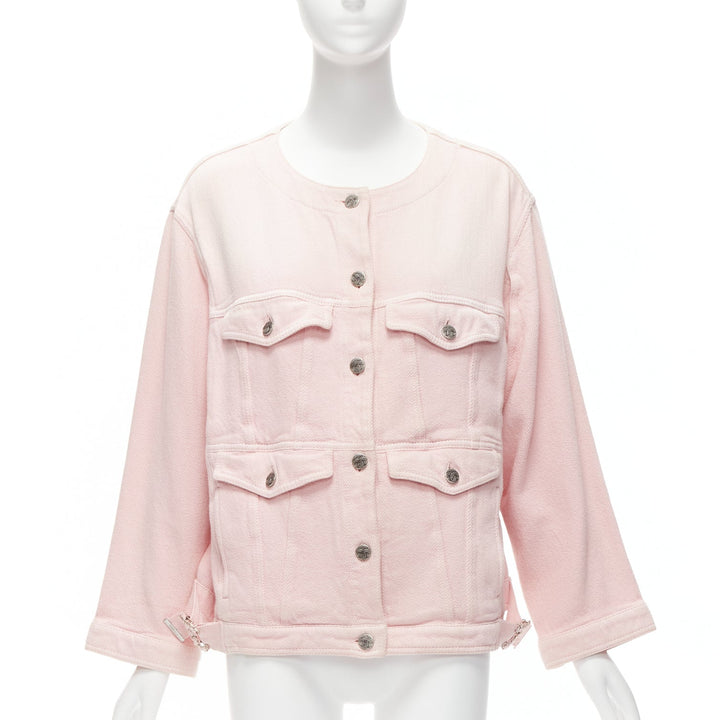 CHANEL 2019 pink cotton 4 pockets CC buttons collarless oversized jacket FR34 XS