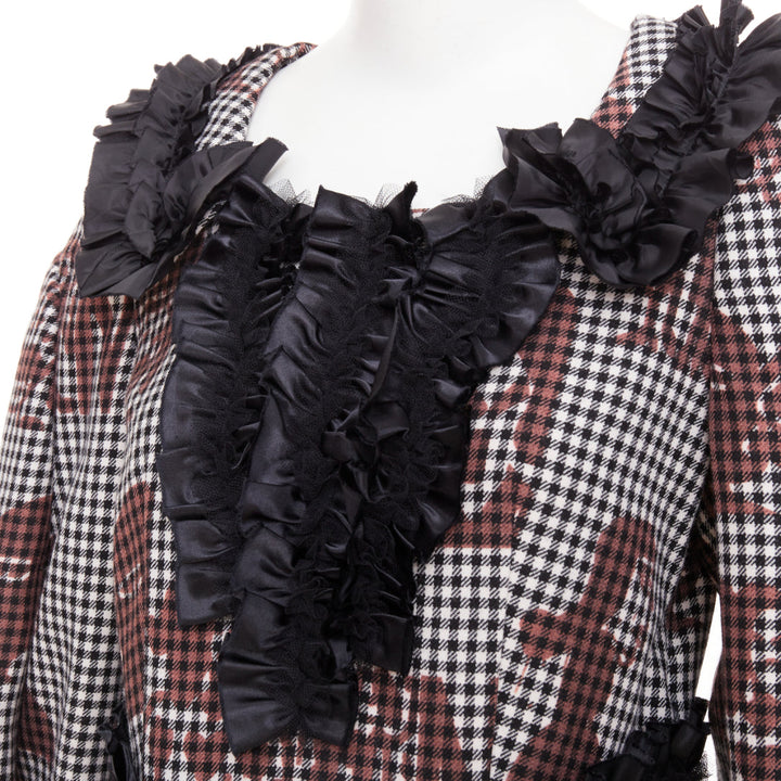 COMME DES GARCONS 2019 brown black wool gingham multi sleeve ruffle midi dress S