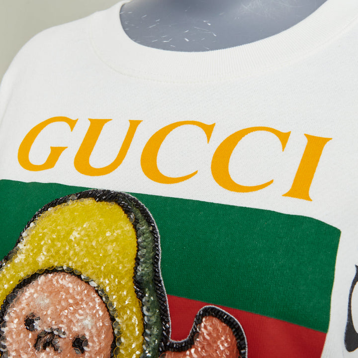 GUCCI PIKARAR 2023 sequinned cotton jersey white vintage logo crew sweatshirt XS