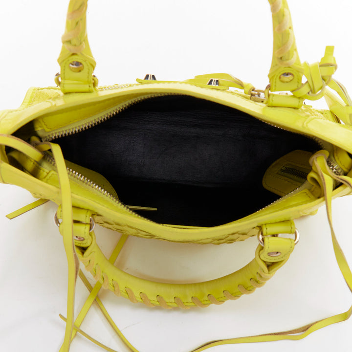 BALENCIAGA City Classic Mini neon yellow scaled leather motocross bag