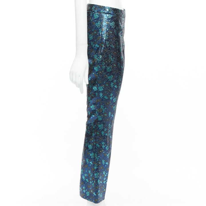 PRADA metallic blue green floral lurex brocade crop pants trousers IT38 XS