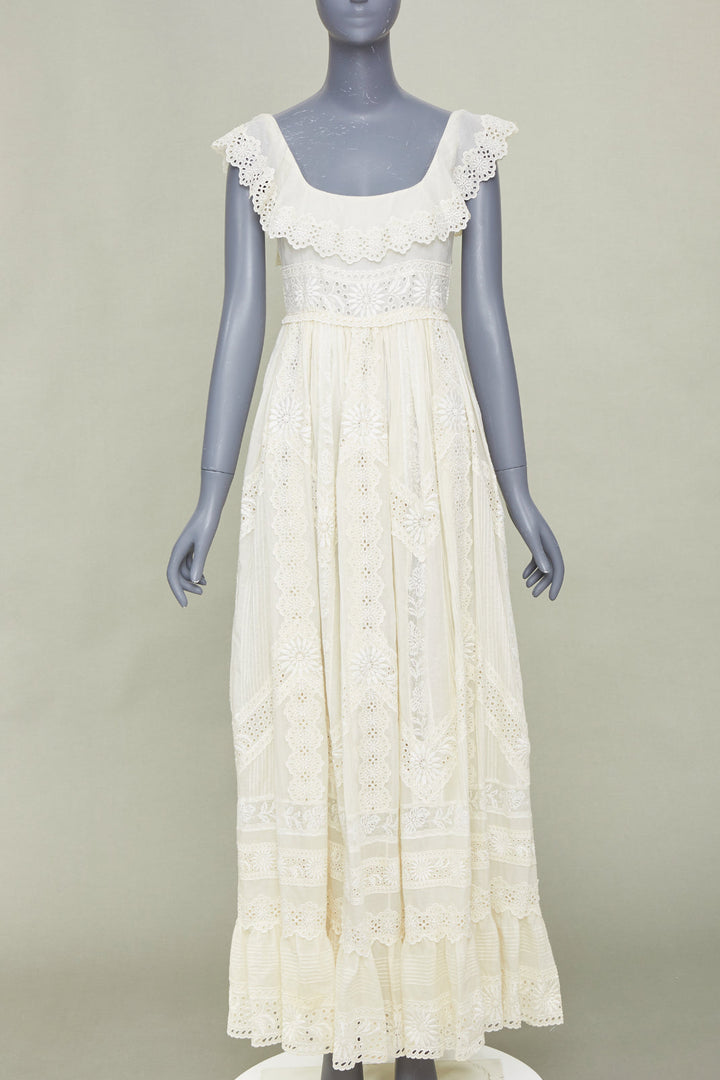 VALENTINO 2015 Runway Bridal ivory cotton embroidered pleated maxi dress IT40 S