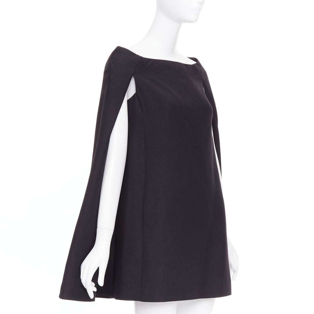 VALENTINO black wool silk bateau darted shoulder cape sleeves mini dress IT38 XS