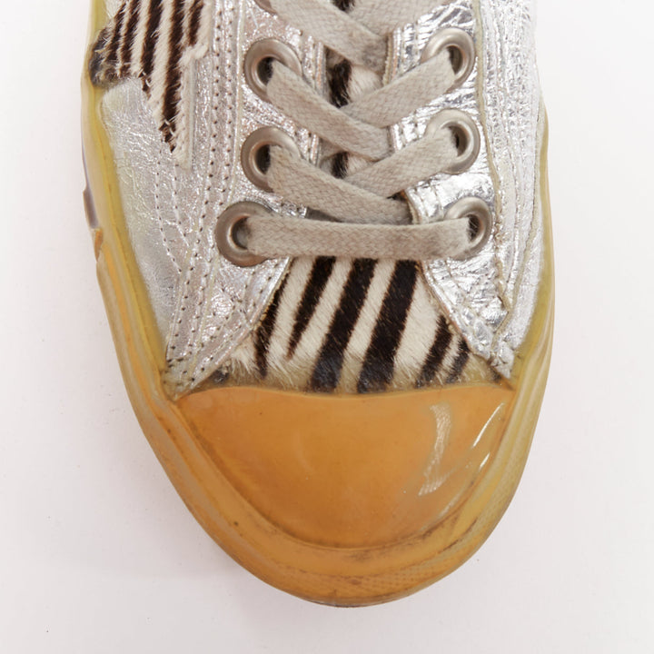 GOLDEN GOOSE May grey suede leopard calf hair silver lace distress sneakers EU37