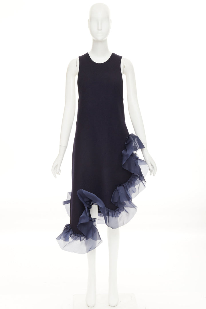 ROBERTS WOOD navy wool felt silk ruffle asymmetric shift dress S