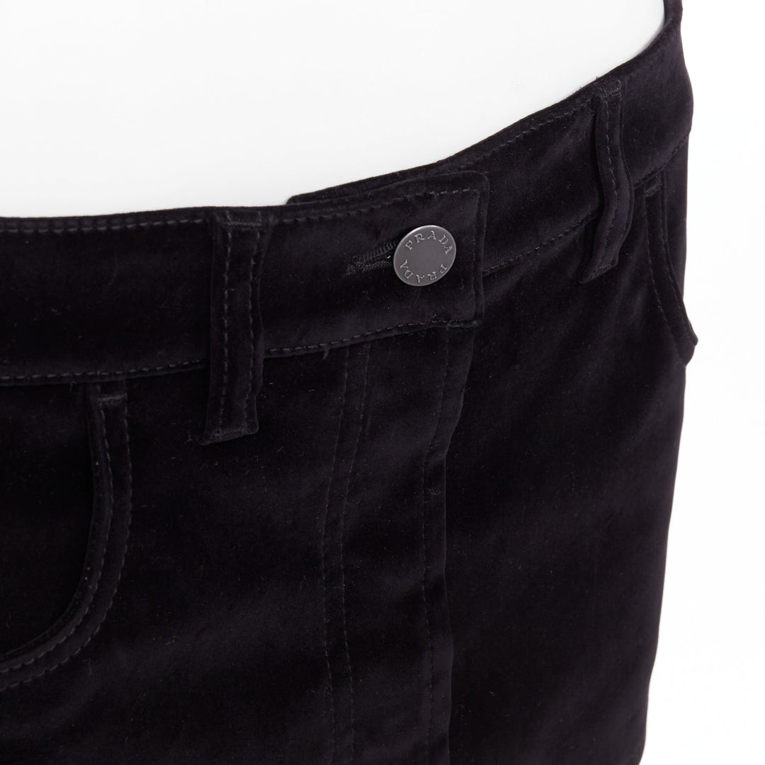 PRADA 2023 black velvet denim silver triangle logo low rise mini skirt IT40 S