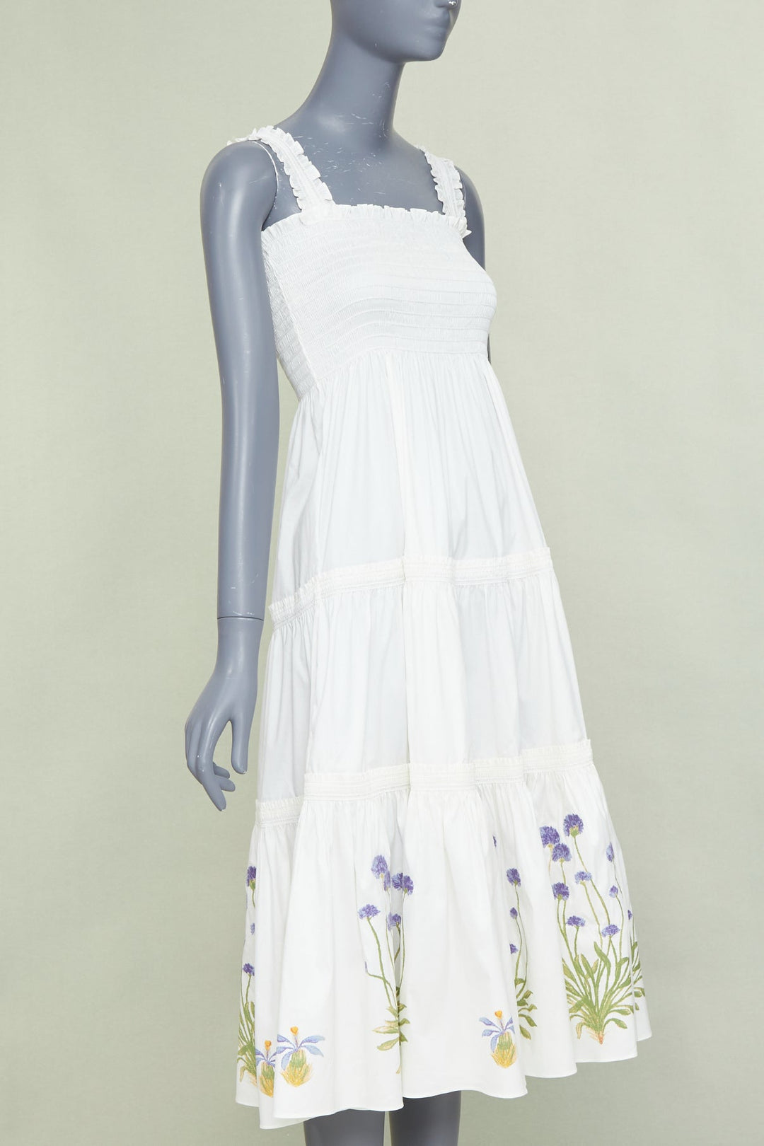 TORY BURCH Embroidered Smocked Midi ivory purple flower embroidery midi dress M