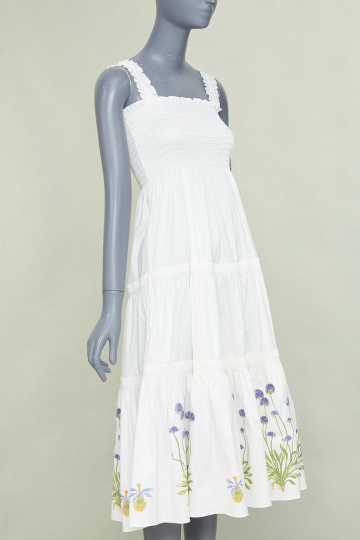 TORY BURCH Embroidered Smocked Midi ivory purple flower embroidery midi dress M