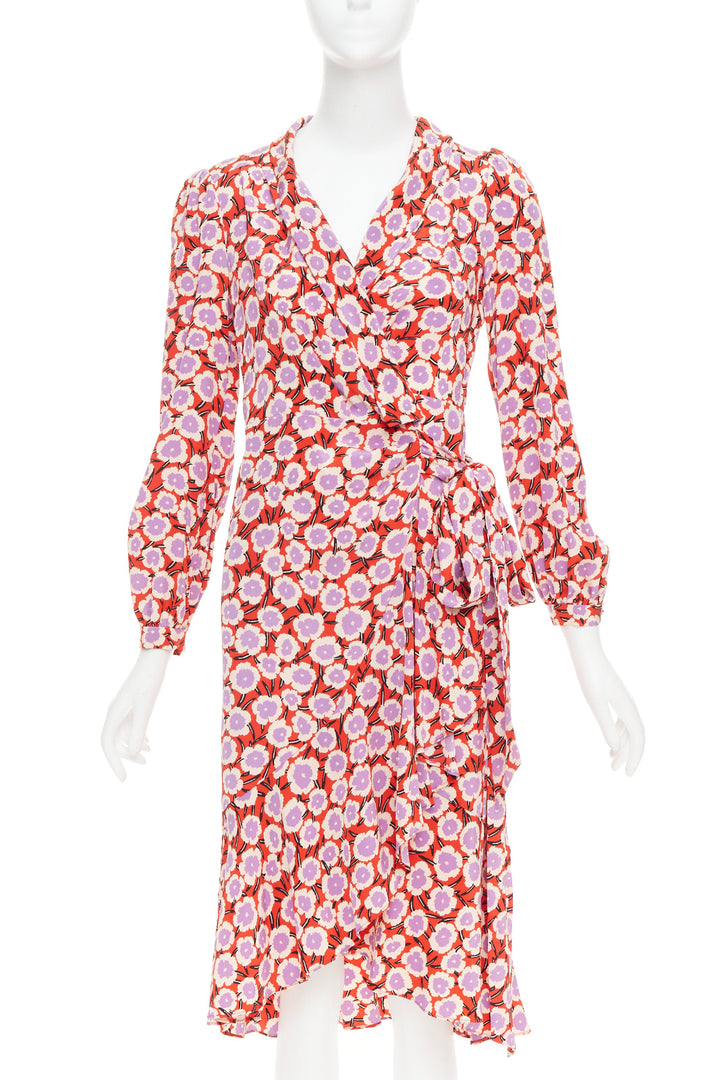 DIANE VON FURSTENBERG Carla  100% silk  red purple floral wrap dress US2 S