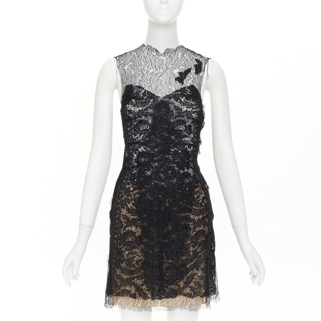 CAROLINE SEIKALY 2010 black sheer floral lace illusion sweetheart dress FR36 S