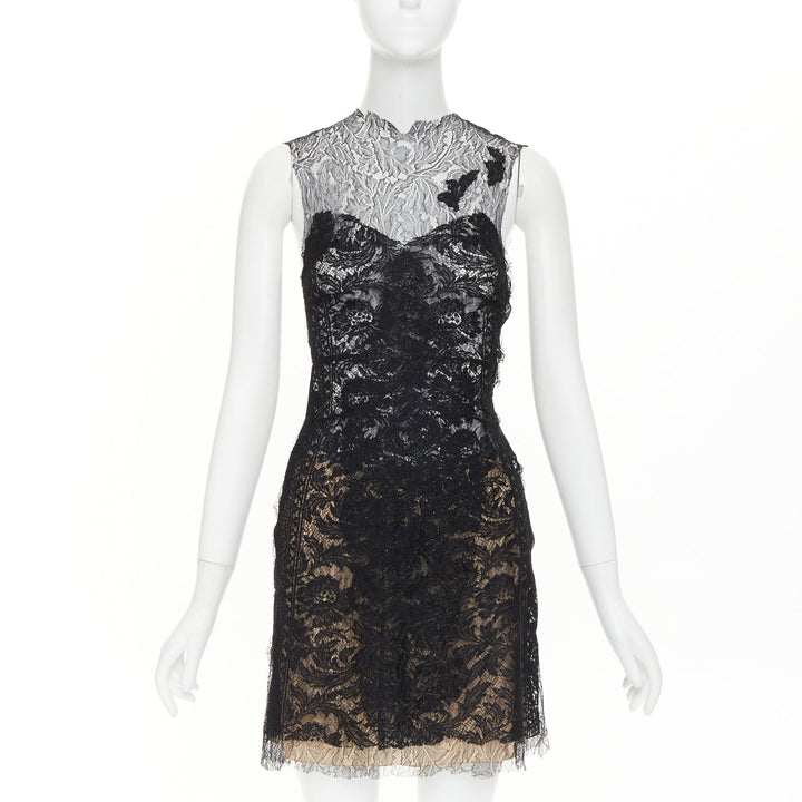 CAROLINE SEIKALY 2010 black sheer floral lace illusion sweetheart dress FR36 S