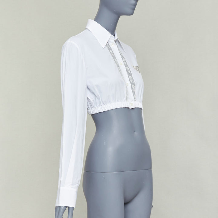 PRADA 2022 white cotton cream lace trim hollow logo cropped shirt IT38 XS