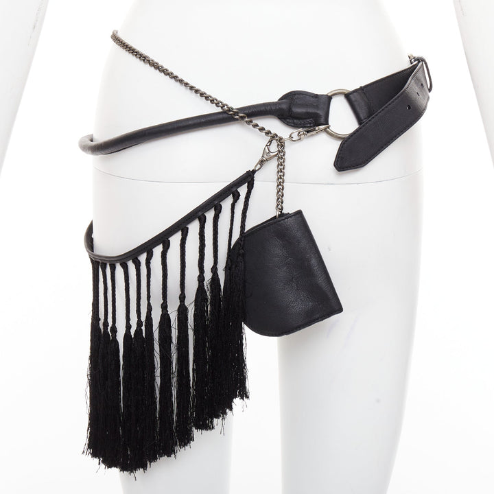 rare ANN DEMEULEMEESTER Vintage black leather macrame fringe small pouch belt